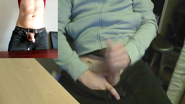 Caught colleague secretly masturbating during online work meeting and joined him for cumshots