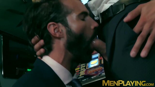 Attractive men in classy suits spitroasting pretty bottom