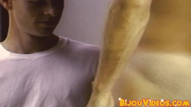 Retro homosexual takes a colossal load on his haired chest after sex